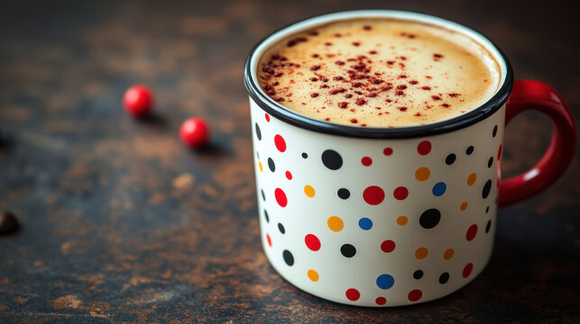 cozy coffee cup with retro polka dot design, topped with cocoa powder, evokes warmth and nostalgia - Powered by Adobe
