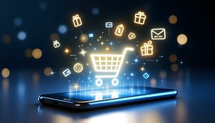 Fototapeta premium Digital shopping cart floating on smartphone screen
