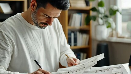 1_Musician organizing sheet music by composer or genre