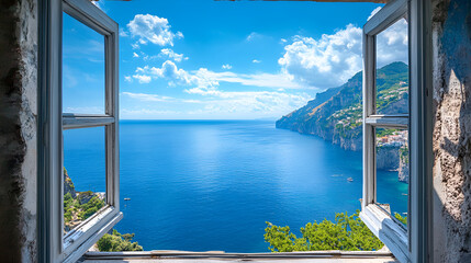 Fototapeta premium Scenic open window view of the Mediterranean Sea from a room along the Amalfi Coast near Sorrento, Italy