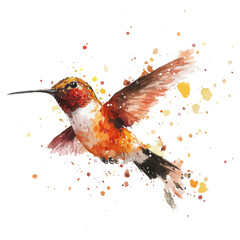 Vibrant watercolor illustration of a hummingbird in flight with dynamic paint splashes