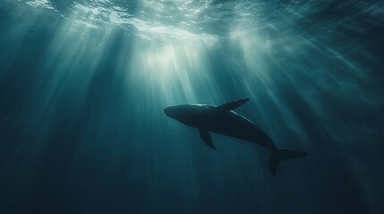 Naklejka premium Breathtaking whale underwater with sunlit water surface high resolution picture