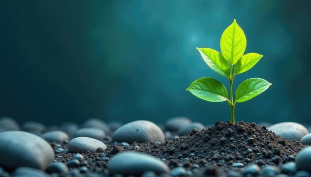 Verde planta creciendo entre bloques de piedra, azul, vegetaci?n, plant