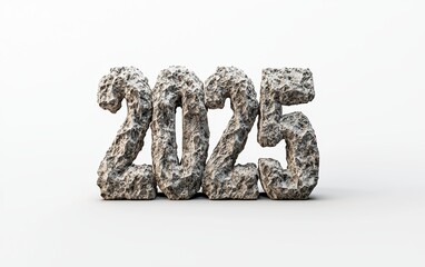 Of the number 2025 made of rough meteorite rock with deep craters and cosmic dust covering the surface, isolated on a clean white background