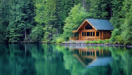 Secluded Log Cabin by a Serene Lake in a Lush Forest