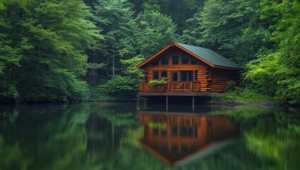 Fototapeta premium Secluded Log Cabin by the Lake in Lush Forest