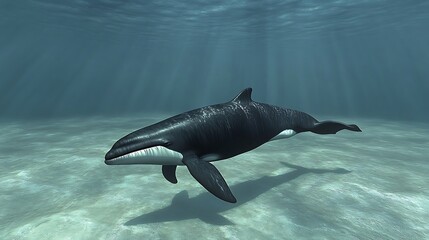 Naklejka premium Enchanting whale silhouette under ocean sunlight beam high resolution picture