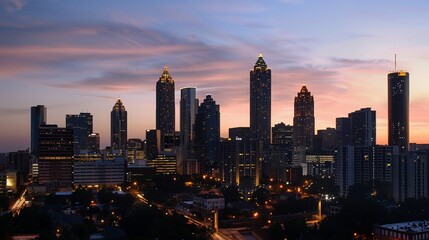 Naklejka premium Cityscape twilight skyline, urban sunset, Georgia