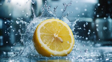 A refreshing lemonade splash captured mid-motion, with droplets suspended in the air, bringing a lively energy to the scene. --