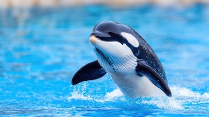 Orca leaping, aquatic park, blue water, playful, wildlife stock photo