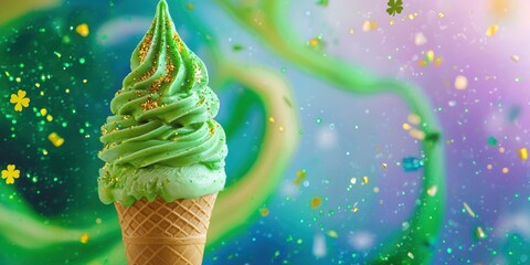 St Patrick Day floating ice cream cone with green swirls and gold dust on colorful background