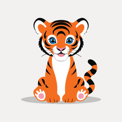 a digital illustration of a cartoon tiger cub. It's sitting with its paws together, facing forward, and has a friendly expression.