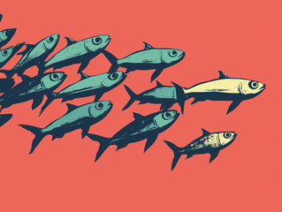 A silhouette of a school of fish on a solid-colored background