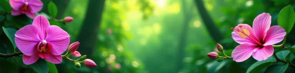 Lush green canopy, vibrant orchids & hibiscus blooming ,  tropical flowers,  design