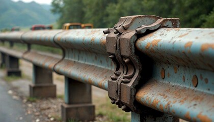 Rusted Metal Fence with Blurred Vehicles