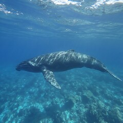 Naklejka premium Mesmerizing whale underwater with sunlit ocean surface high resolution picture