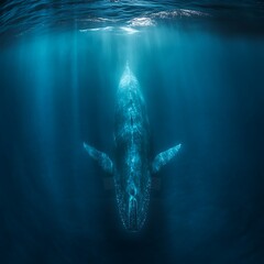 Naklejka premium Ocean depths with whale silhouette and sunlight high resolution picture