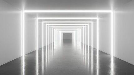 Obraz premium Bright white neon lights illuminate a long, straight corridor.