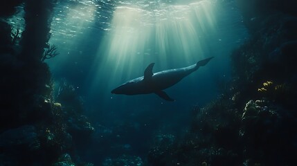 Obraz premium Peaceful whale silhouette under ocean with sunlight high resolution picture