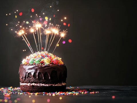 Chocolate Cake with Colorful Sprinkles and Sparkler Candles
