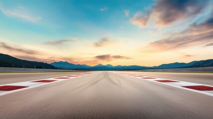 Naklejka premium A serene landscape of a racetrack at sunset, featuring striped markings and distant mountains under a colorful sky.