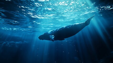 Fototapeta premium Serene underwater world with whale and sunlight high resolution picture