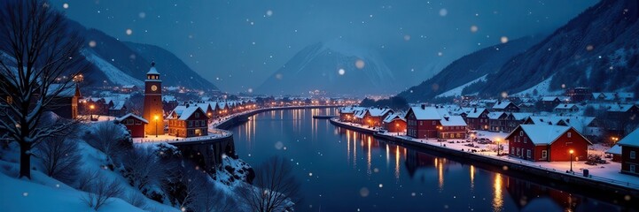 Fototapeta premium Snow-dusted Bryggen, Bergen at twilight Christmas lights sparkle on snow-covered roofs , village, Bryggen