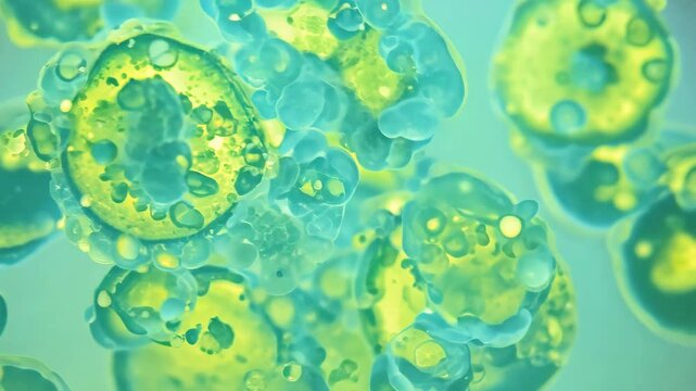 Highly detailed 3D-rendered visualization of Chlorella algae cells in a liquid environment, representing microbiology, biotechnology, and biofuel research.  
