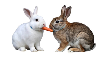 Two Rabbits with Carrot on Transparent Background
