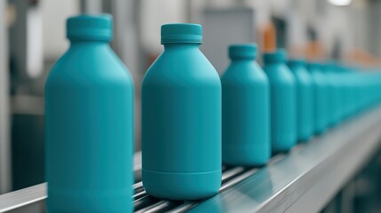 A series of teal bottles lined up on a conveyor belt in a manufacturing facility, showcasing a clean and organized production process.