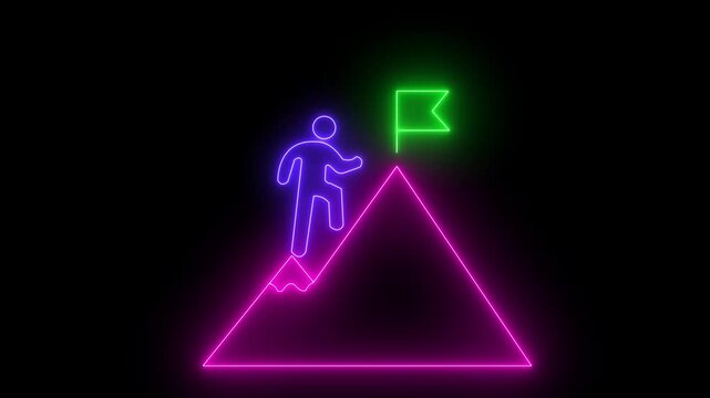 Glowing neon line of man conquering mountain peak icon isolated on transparent background Business concept of victory, success, goal achiever Success icon animation with neon shine on black background