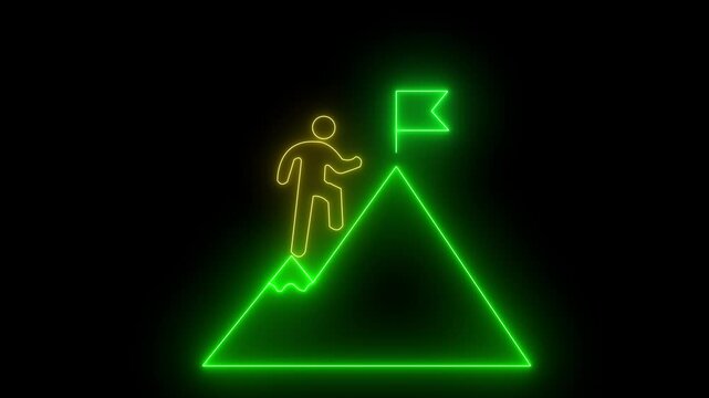 Glowing neon line of man conquering mountain peak icon isolated on transparent background Business concept of victory, success, goal achiever Success icon animation with neon shine on black background
