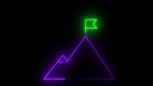 Glowing neon line conquering mountain peak icon isolated on transparent background Business concept of victory, success, goal achiever Success icon animation with neon shine on black background