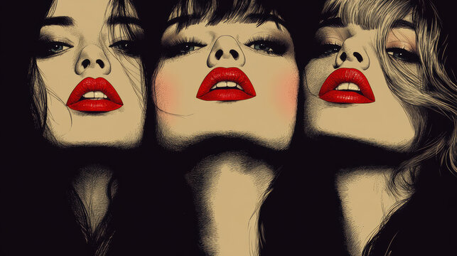 Stylized illustration of three women with bold red lips and dramatic expressions, showcasing beauty and confidence
