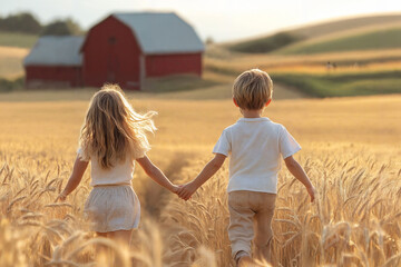 Two children in light summer clothes running through a golden wheat field towards a charming red barn in the distance. Their hair flows in the breeze as they hold hands, their backs turned to the view