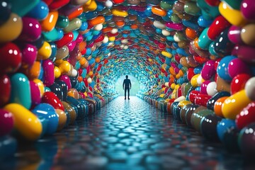 Obraz premium Giant capsules arranged like a labyrinth, vibrant colors reflecting on polished ground, small person standing at entrance, soft diffused light, futuristic science concept.