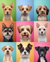 Fototapeta premium Dog Breeds Montage: A captivating montage showcases an array of charming dog breeds, each portrait-style, exuding personality and charm against vibrant, contrasting backgrounds. 