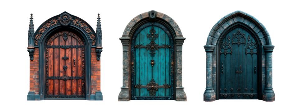 Set of ornate gothic door isolated on transparent background