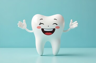 the figure of a tooth with eyes and mouth on a blue background. advertising of a dental clinic. medical concept.