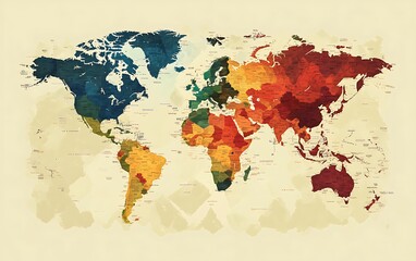 World map with colored countries showing statistics, background.  Possible use educational materials