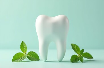 an image of a tooth on a green background. There are green mint leaves nearby. Advertising of toothpaste. advertising of a dental clinic. medical concept.