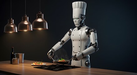 Naklejka premium Robot Chef Cooking Food in Kitchen with Modern Appliances and Details