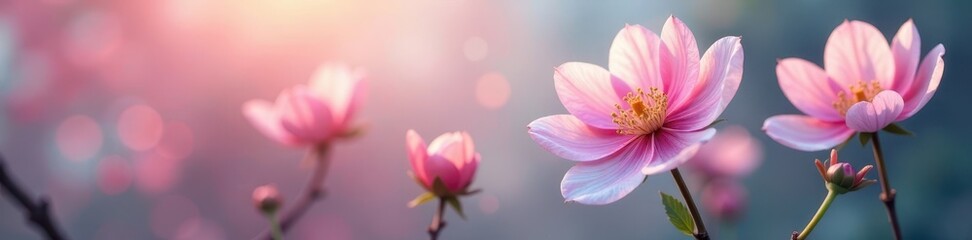 Obraz premium Delicate, translucent blooms float on a misty background, flowers, wallpaper