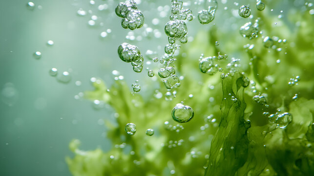 green seaweed ulva lactuca algae swing underwater with bubbles.