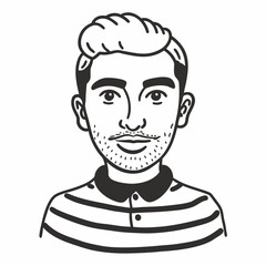 Hand Drawn Portrait of Young Man with Striped Shirt in Black and White