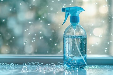 Shiny window with reflections, circular design, spray bottle outline on one side, bubbles on the other, company name in bold uppercase sans-serif font below, clean modern logo.