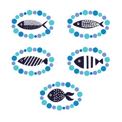 Fish in bubble frames. Kids background. Cute clip art. Set.