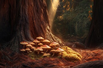 Fototapeta premium Cluster of mushrooms basking in the golden sunlight at the base of a giant redwood tree in a mystical forest.