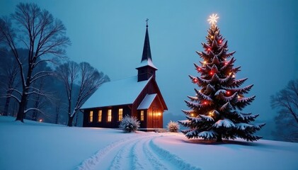 A church with a tall Christmas tree in the background, wintry, serene, winter landscape