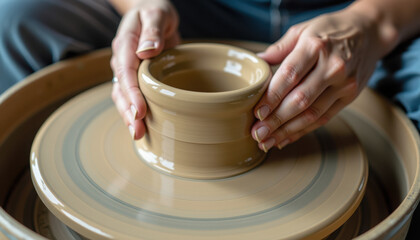 Potter carefully finishing a round clay bowl with attention and focus on a pottery wheel
